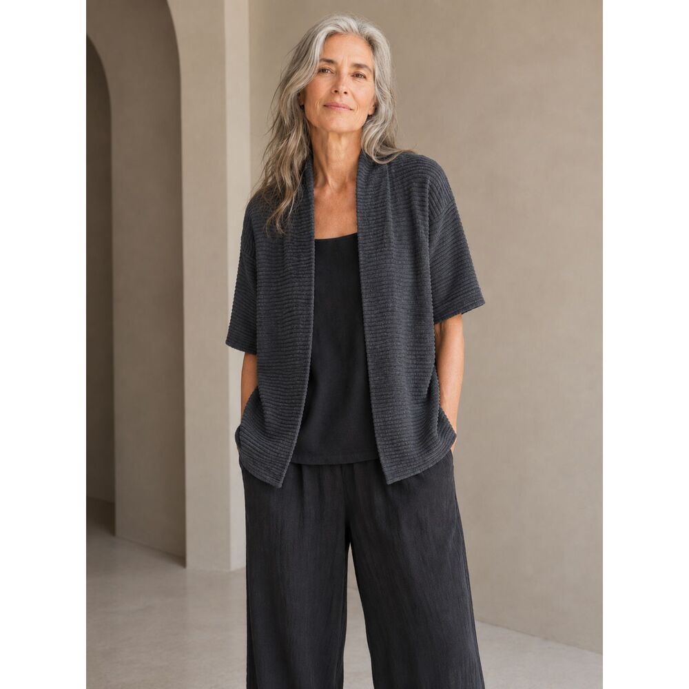 Eileen Fisher Ribbed Grey Merino Wool Cardigan Size Small